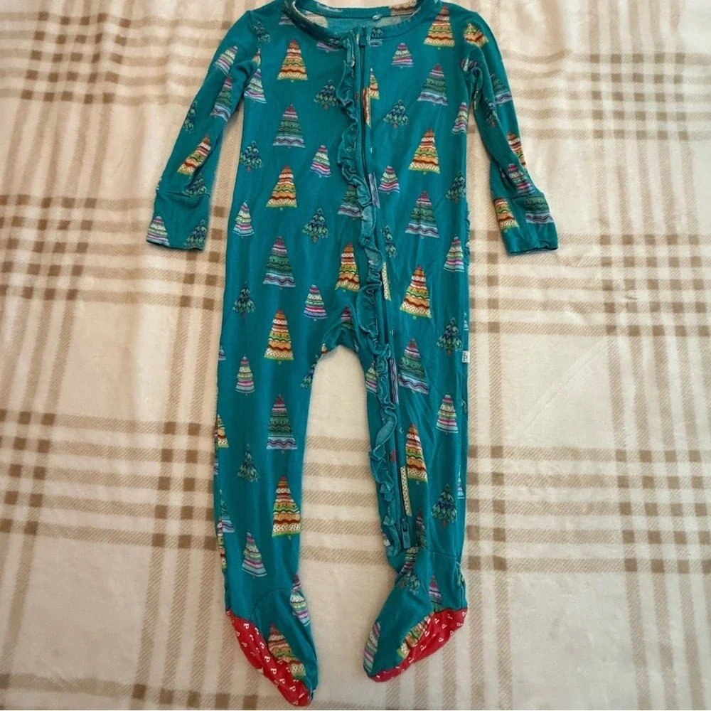 Posh Peanut Christmas Tree Ruffle Footie Sleeper Teal Bamboo 12-18 Months